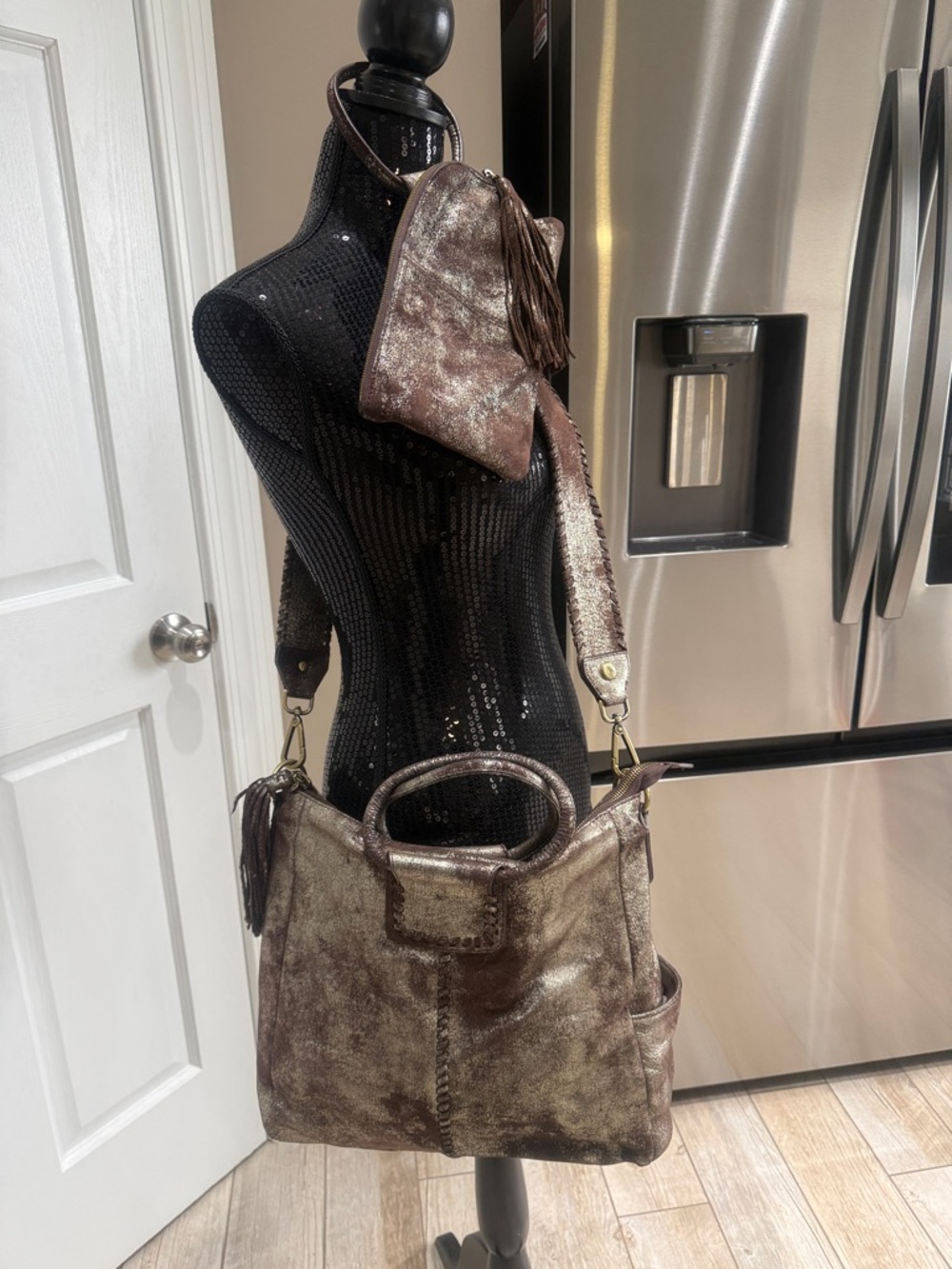 HOBO Metallic Brown Leather Shoulder Tote with Tassel Wristlet